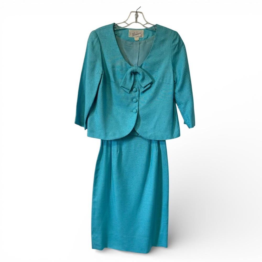 Vintage Hal Krasell Suit Blazer Skirt Set Aqua Silk Bow Jacket‎ Womens XS Small
